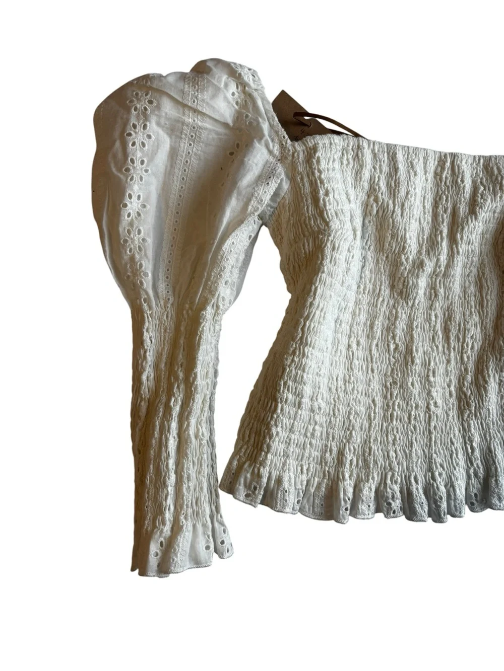 Smocked Square-Neck Eyelet Puff Sleeve Blouse — White